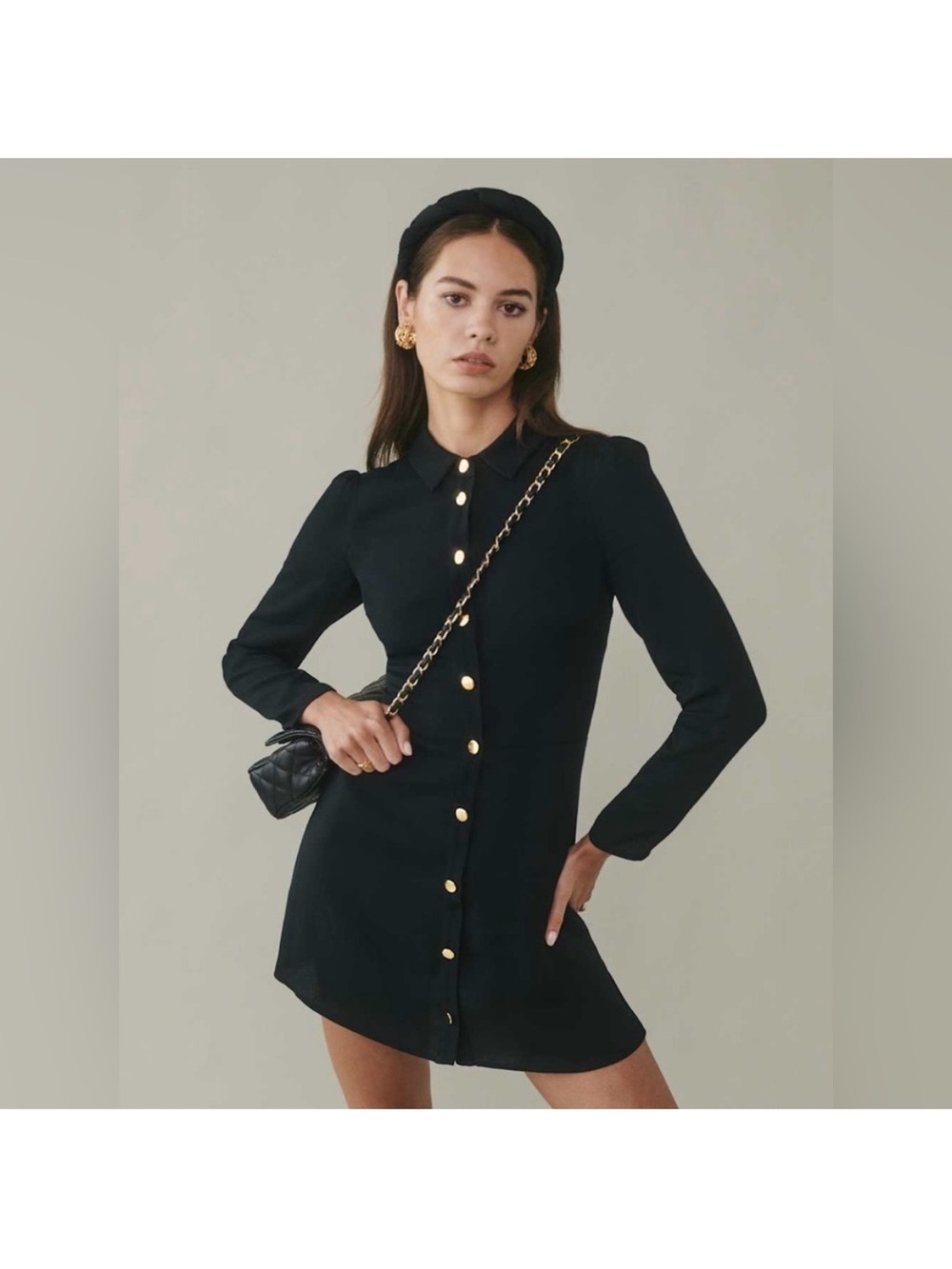 Reformation Hugh Black Long-Sleeve Mini Dress with Gold Buttons